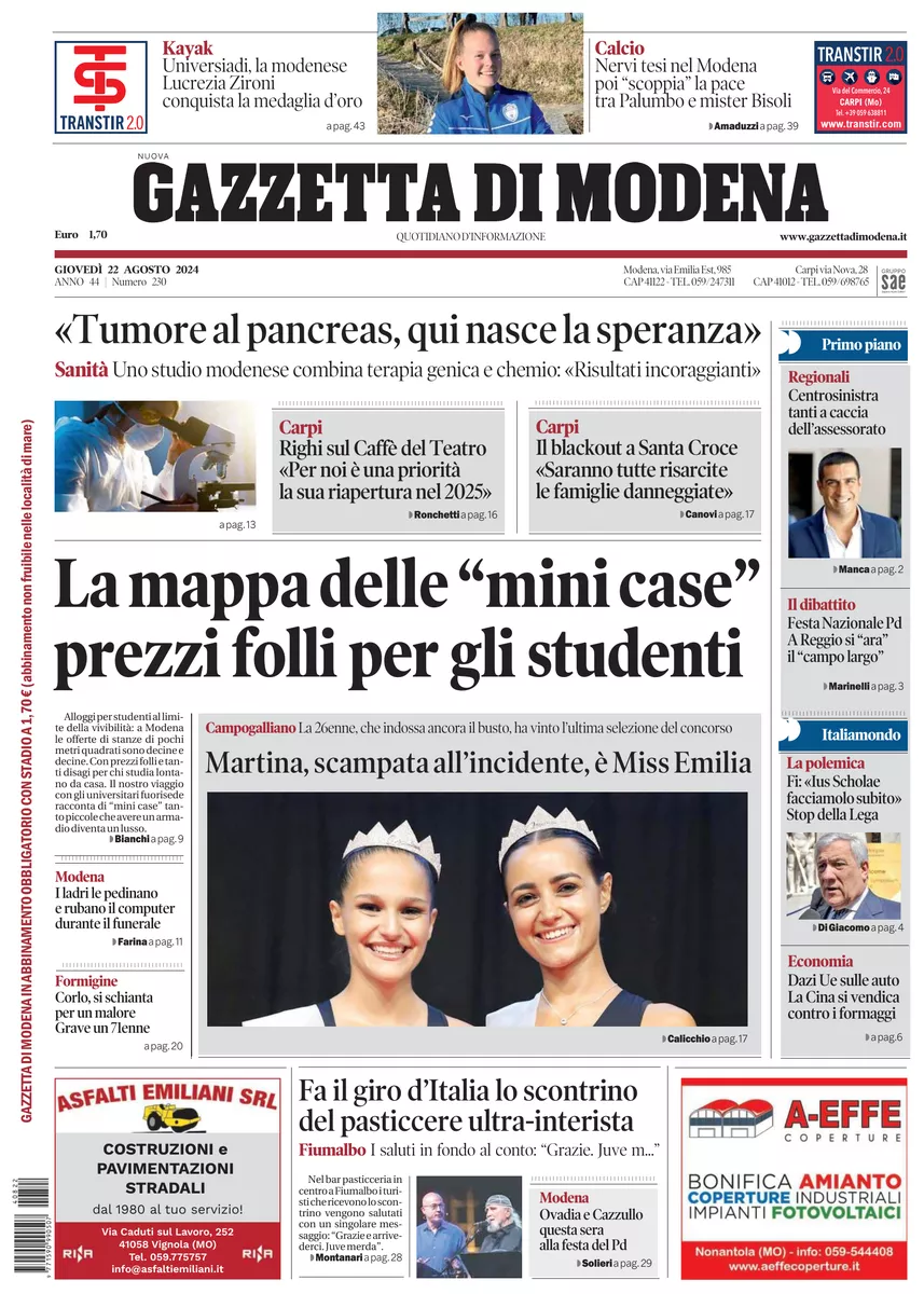 Prima-pagina-gazzetta di modena-oggi-edizione-del-2024-08-22